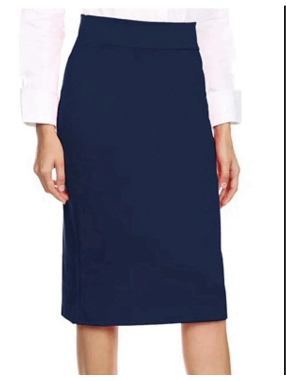 Navy Blue Polyester Elastic Waist Pencil Knee Length Skirt
